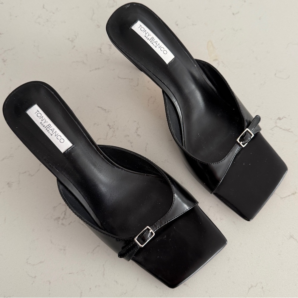 Tony Bianco Black Square Toe Mule Slides